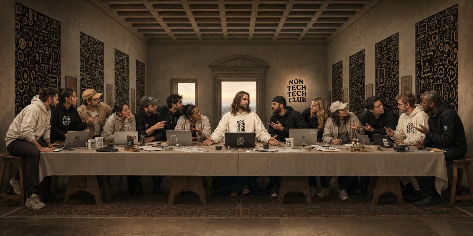 Founders gathered along a long table, deep in work together, the walls behind them covered in a new written language