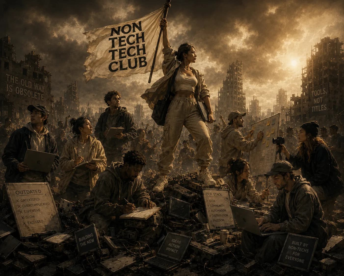 Founders raising the Non Tech Tech Club flag over the wreckage of the old, gatekept way of building
